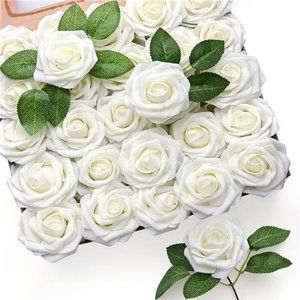 50Pcs Artificial Flowers Rose,Ivory White FakeRoses for Decorations,Real Looking
